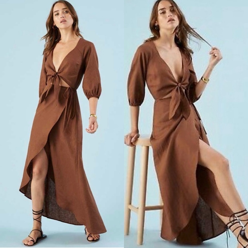 REFORMATION Linen Puff Sleeve Plunge V-Neck Cutout Tie Front Wrap Maxi Dress‎ XS